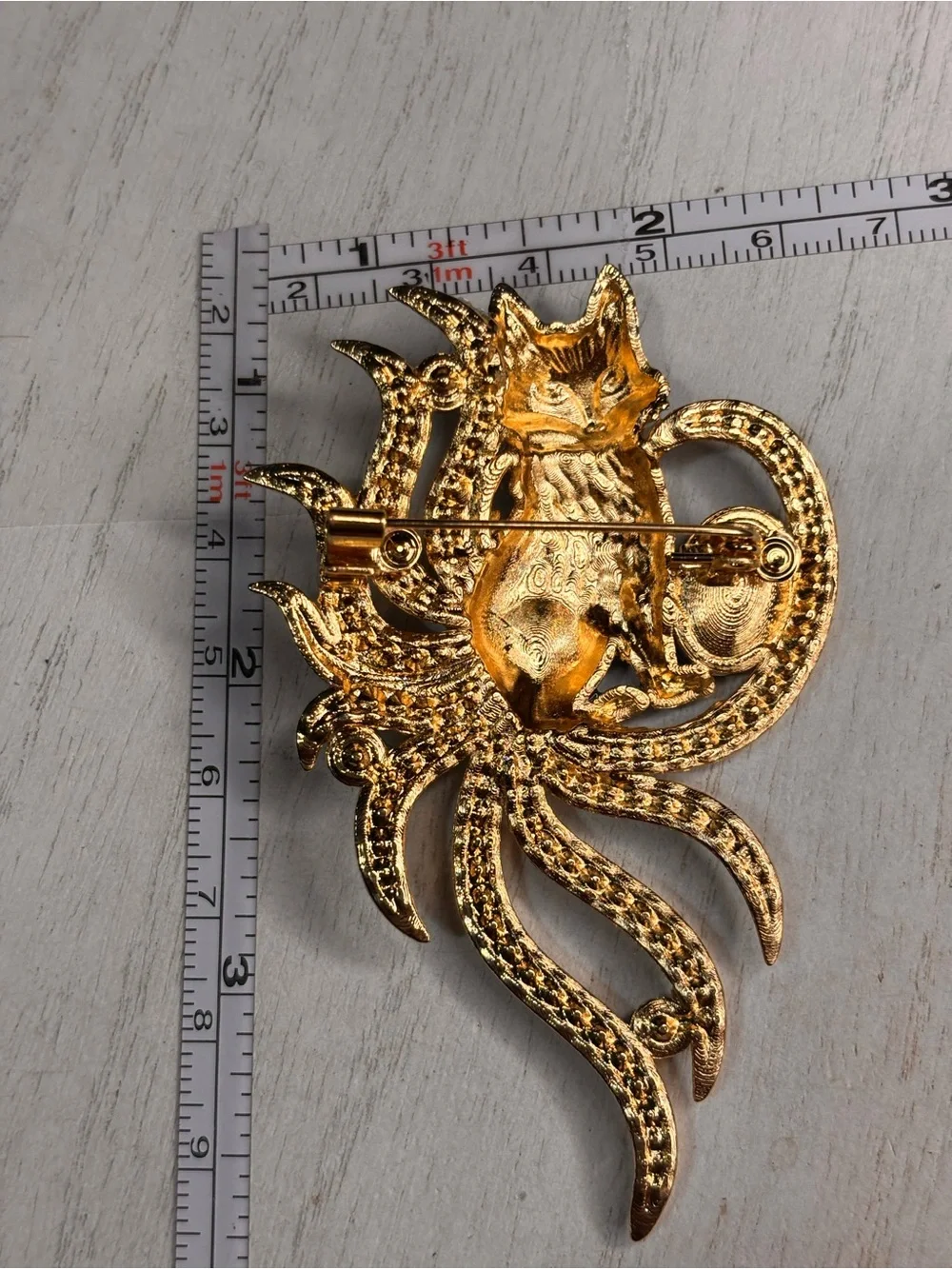 New Blue & White Floral Fox Brooch Pin Rhinestone Gold Tone Woodland Statement